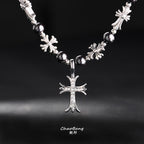Chrome Hearts-style black bead and cross titanium steel necklace