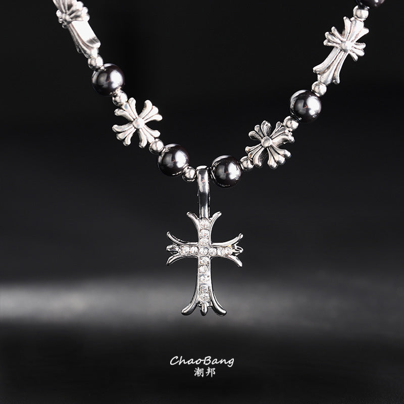 Chrome Hearts-style black bead and cross titanium steel necklace