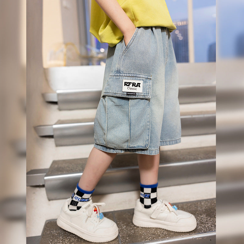 Boys' Soft Denim Cargo Shorts Large Pockets