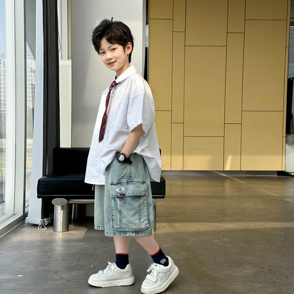 Kids Large Pocket Jeans Matching Outfit with Tie Shirt