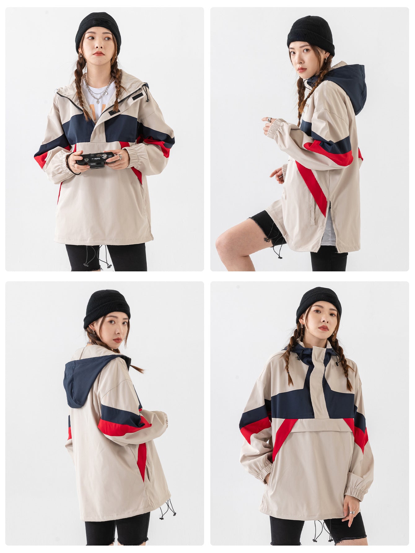 Street trendy women's hooded pullover jacket, spring and autumn medium thickness color matching loose medium and long polyester fiber top M-3XL full size