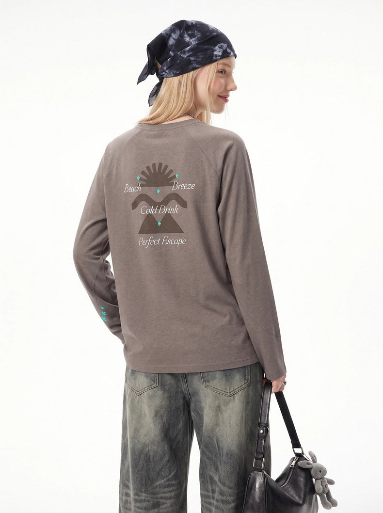 Color-block raglan-sleeve printed long-sleeve sports T-shirt