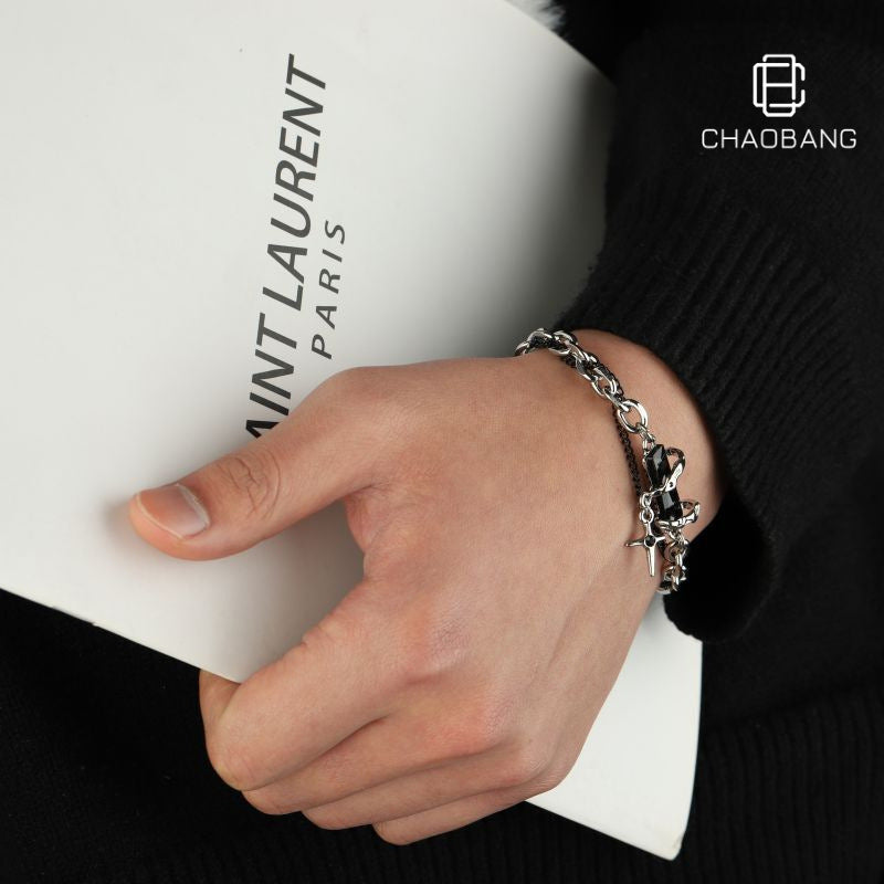 Black Diamond-Style Stone-Accented Titanium Steel Bracelet