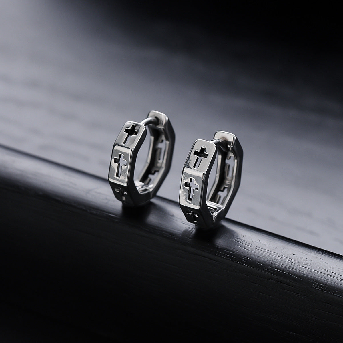 Unisex Titanium Steel Hoop Earrings with Cut-out Cross and Hexagonal Design