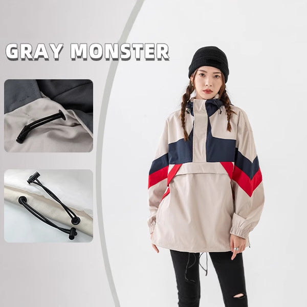 Street trendy women's hooded pullover jacket, spring and autumn medium thickness color matching loose medium and long polyester fiber top M-3XL full size