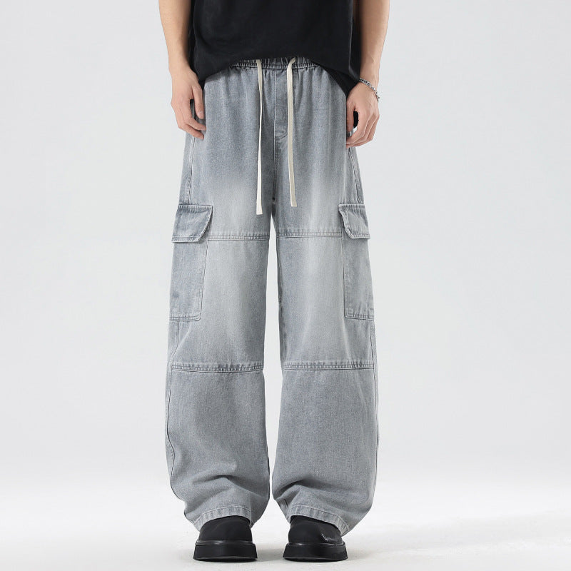 Men's American high street tooling jeans, retro loose straight wide-leg trousers, men's casual retro tooling trousers