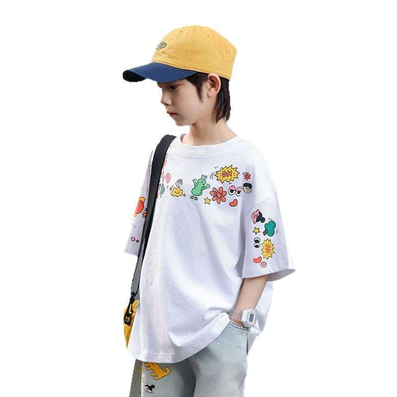 Boys Cartoon Print Short Sleeve Cotton T-Shirt