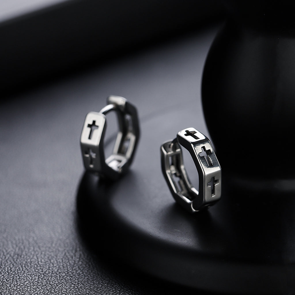 Unisex Titanium Steel Hoop Earrings with Cut-out Cross and Hexagonal Design