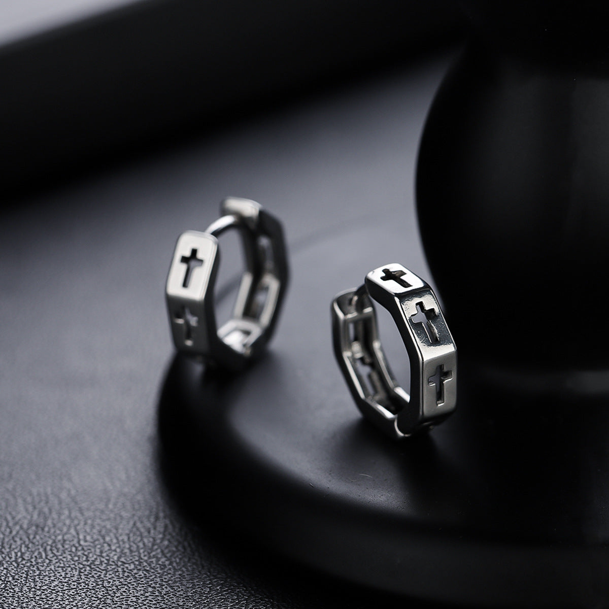 Unisex Titanium Steel Hoop Earrings with Cut-out Cross and Hexagonal Design
