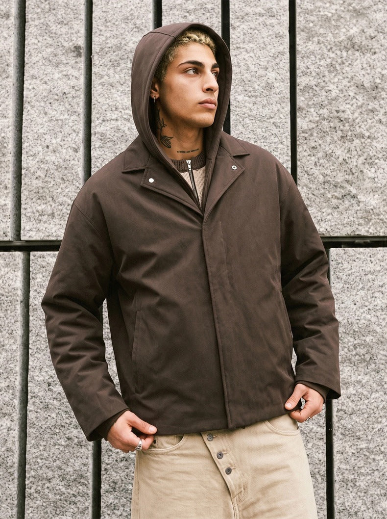 Faux two-piece fleece-lined street style short wide hooded cotton jacket for men