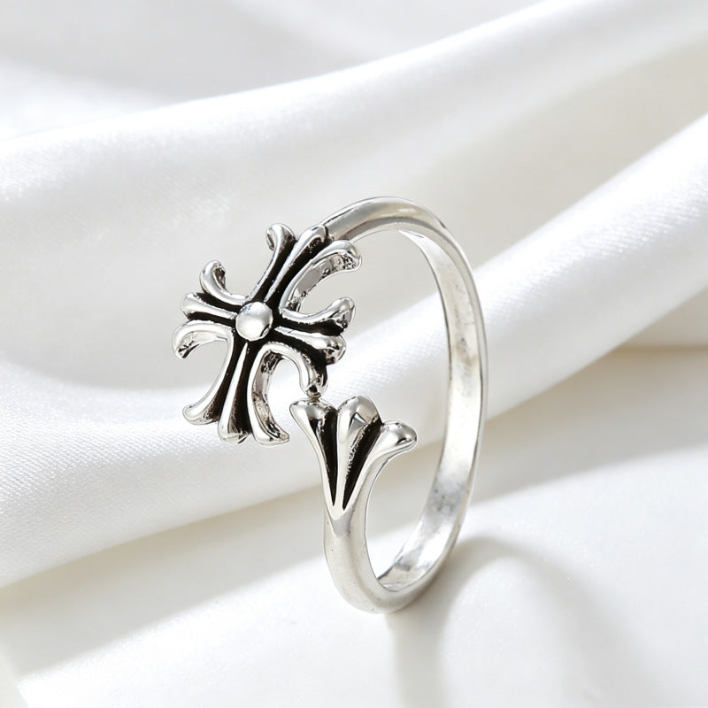 Hip-hop retro cross flower ring, punk style adjustable