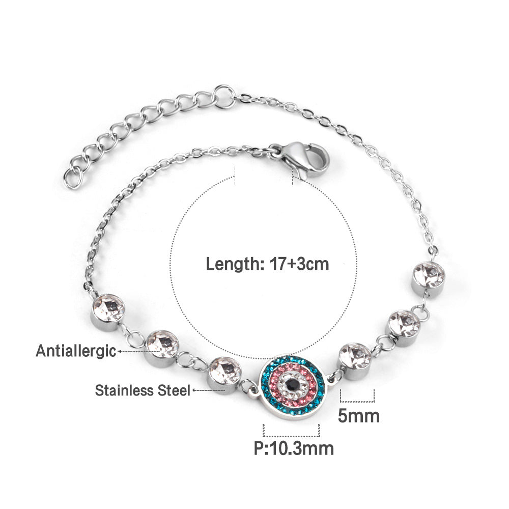 Mixed-color diamond-encrusted evil eye bracelet, stainless steel jewelry