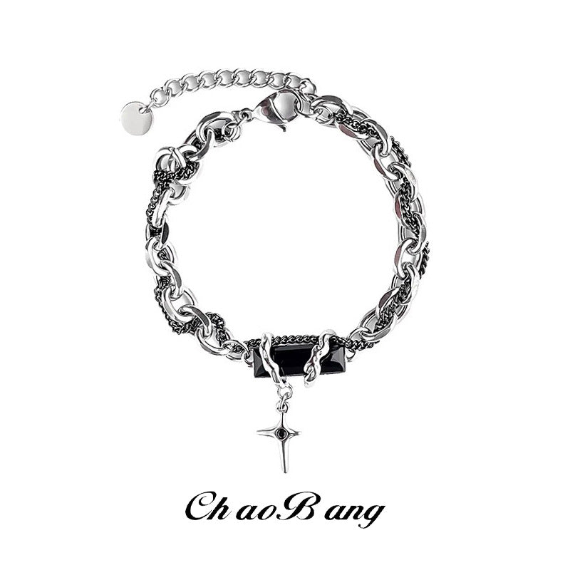 Black Diamond-Style Stone-Accented Titanium Steel Bracelet