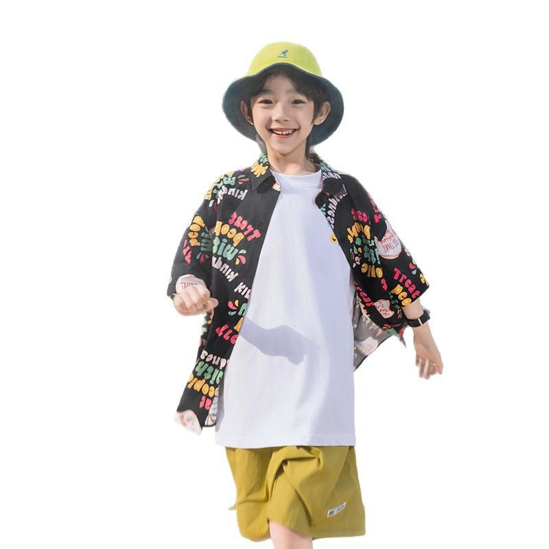Boys' All-Over Print Pure Cotton Short-Sleeve Summer Shirt