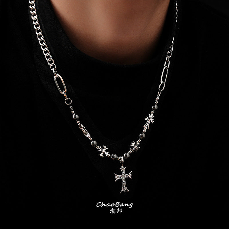 Chrome Hearts-style black bead and cross titanium steel necklace