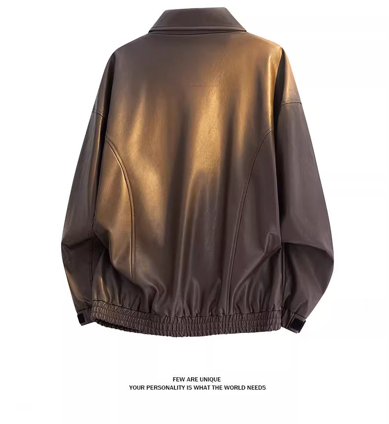 2025 new American retro brown locomotive leather jacket men's, Barn style ruffian handsome lapel jacket