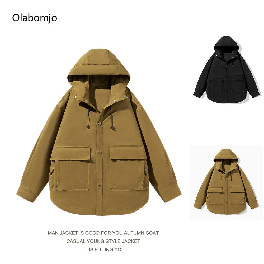 Spring and Autumn new men's sports loose stand-up collar jacket, multi-pocket hooded wear-resistant casual jacket, black/caramel optional