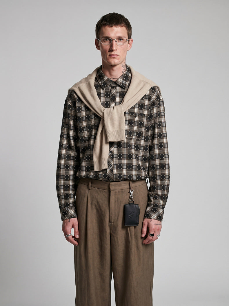 Lightweight plaid long-sleeve shirt-jacket with a small stand collar