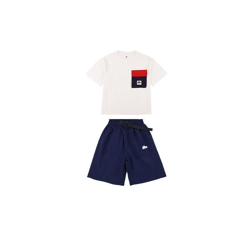 Boys' Outdoor-Style Color-Block Short-Sleeve Set with Pockets
