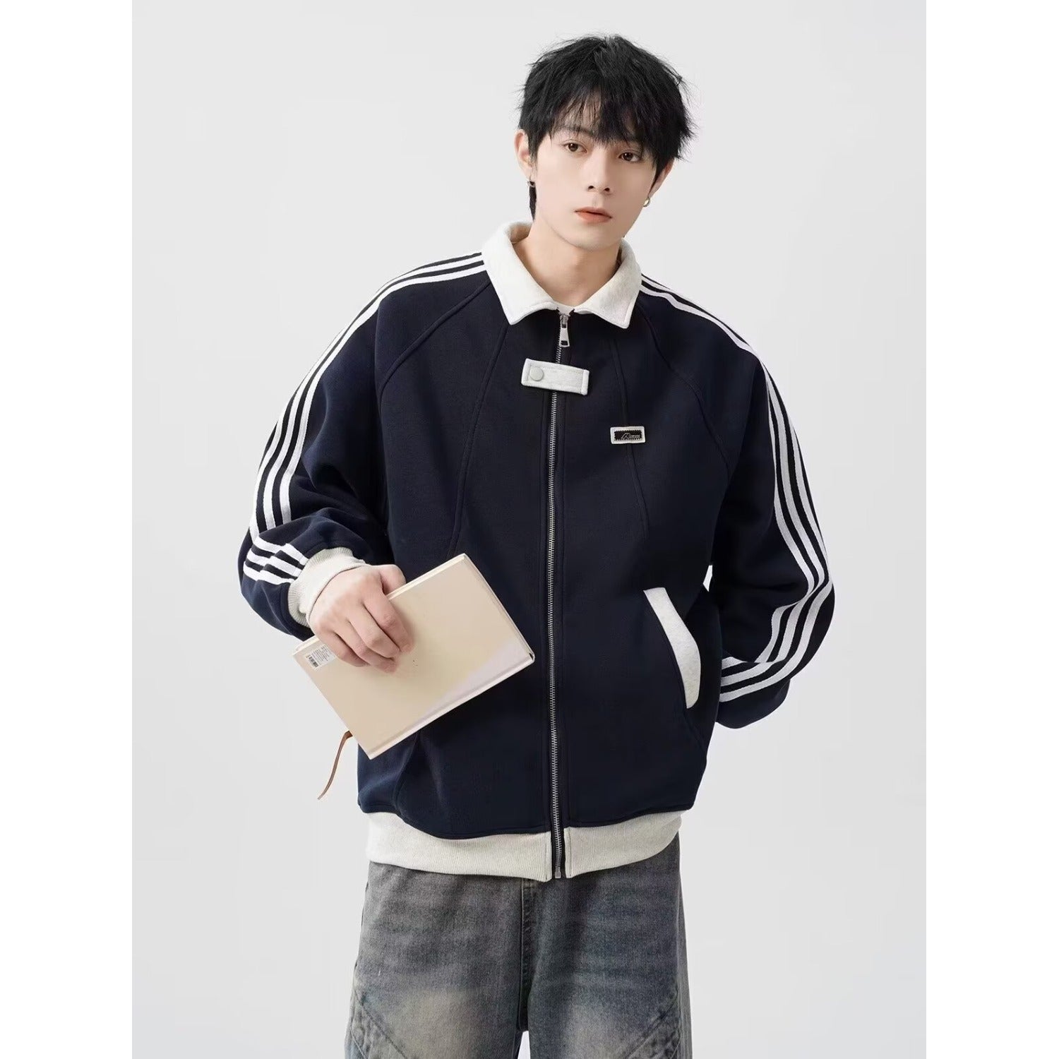 Unisex Three-Stripe Fleece-Lined Thick Casual Sweatshirt Jacket | Winter New