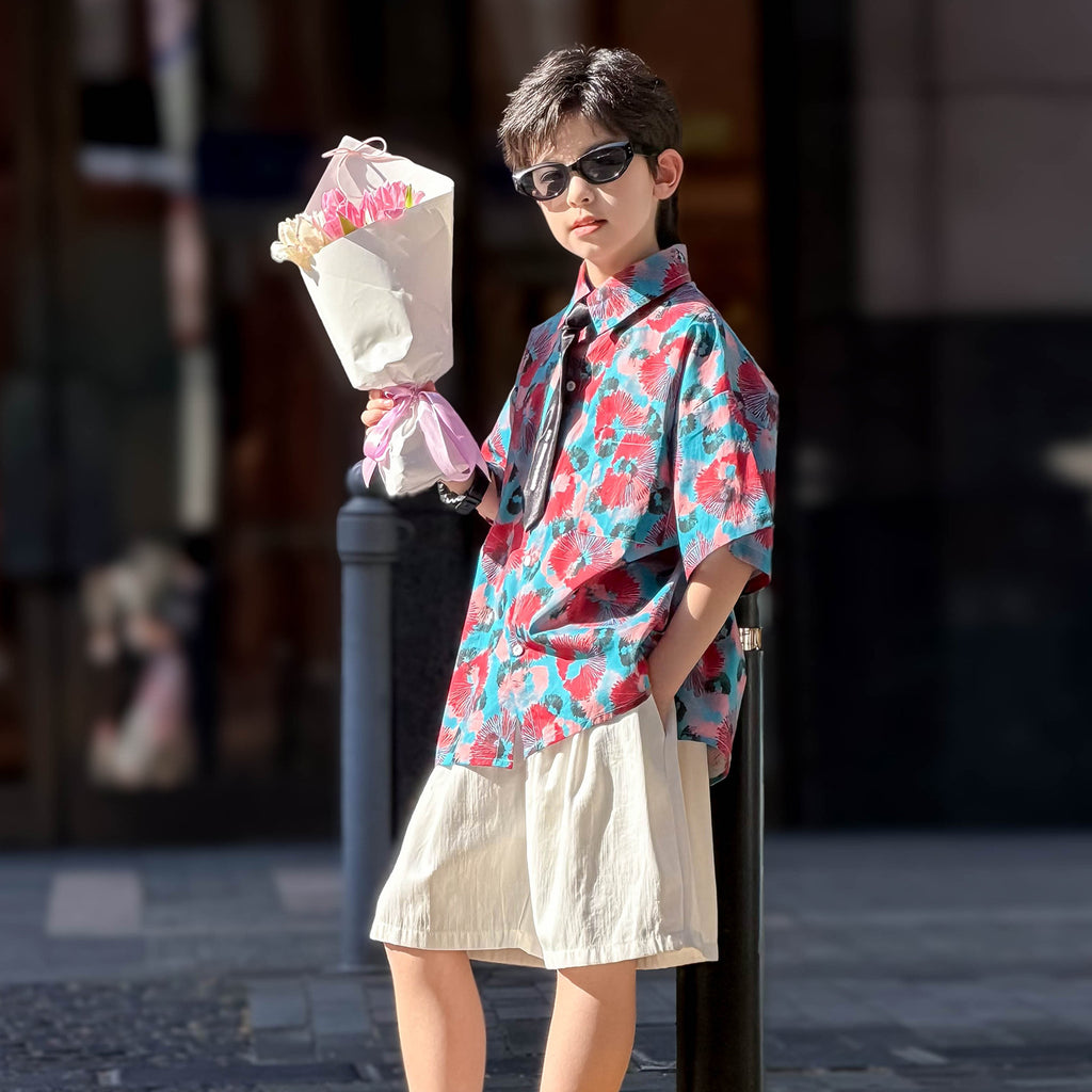Boys' Lightweight Pure Cotton Short-Sleeve Floral Shirt