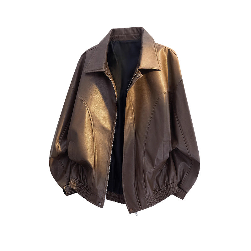 2025 new American retro brown locomotive leather jacket men's, Barn style ruffian handsome lapel jacket