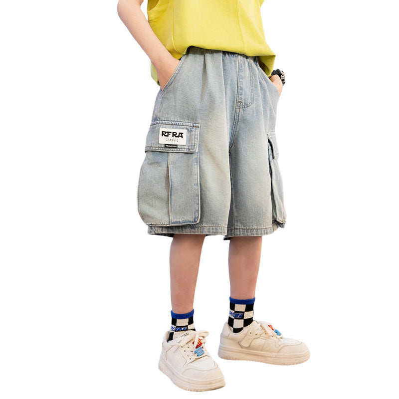 Boys' Soft Denim Cargo Shorts Large Pockets