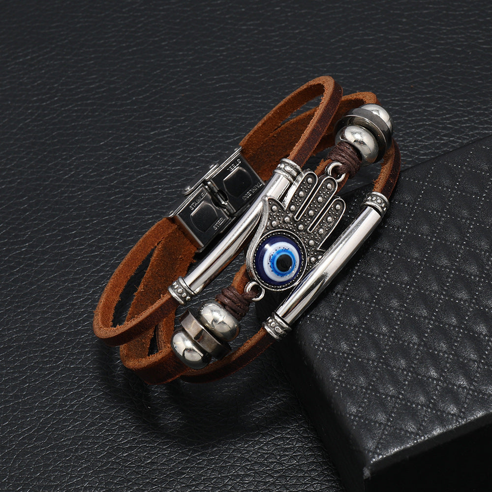 Leather cord stainless steel devil eye bracelet