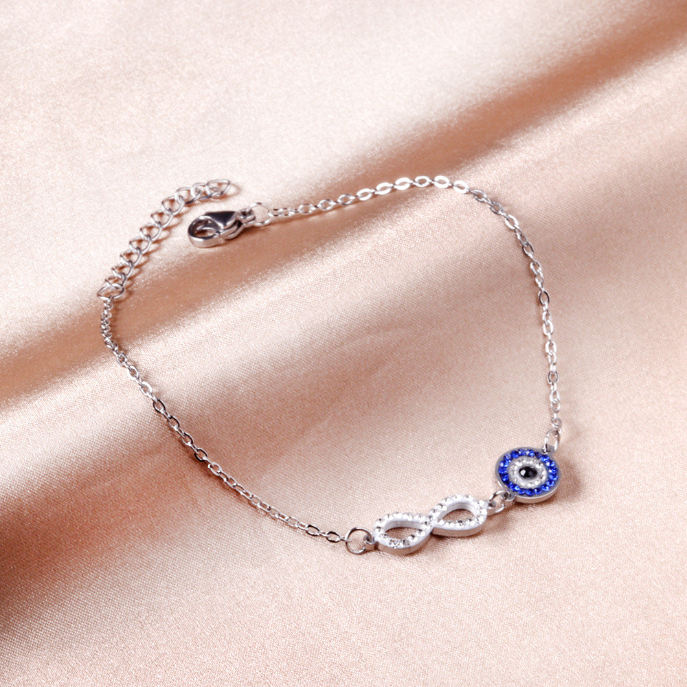 Mixed-color diamond-encrusted evil eye bracelet, stainless steel jewelry
