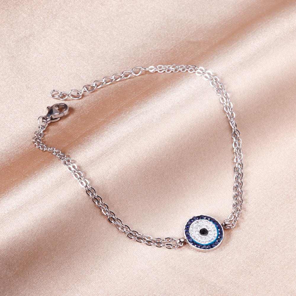 Mixed-color diamond-encrusted evil eye bracelet, stainless steel jewelry