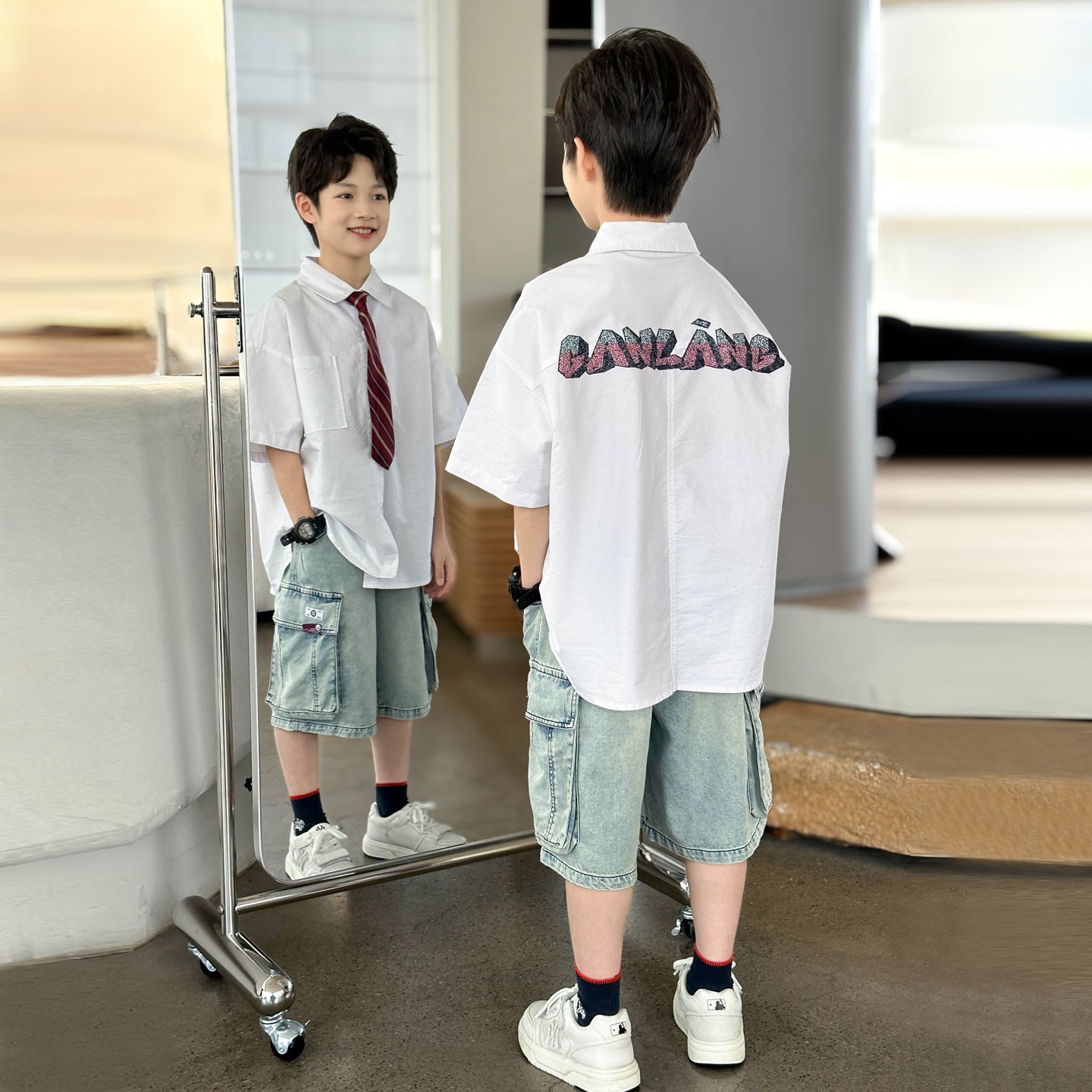 Kids Large Pocket Jeans Matching Outfit with Tie Shirt