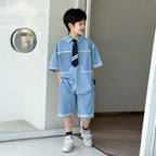 Boys Thin Short Sleeve Denim Casual 2-Piece Set, Kids Summer Outfit