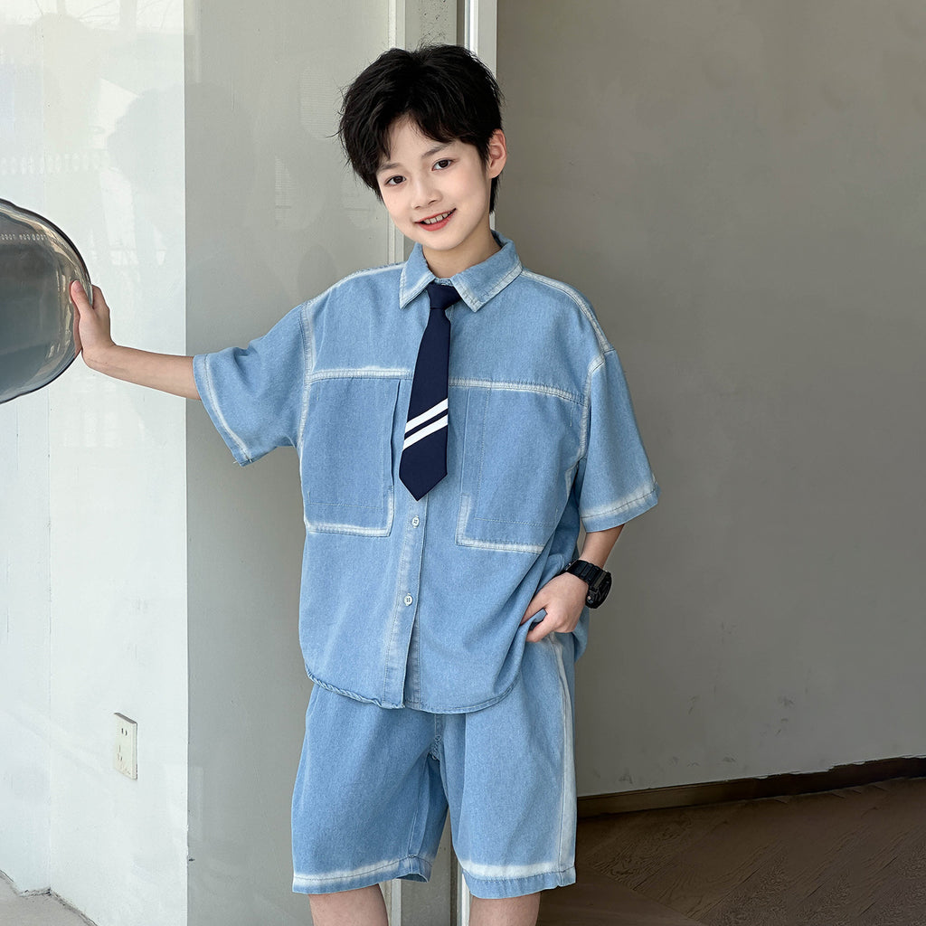 Boys Thin Short Sleeve Denim Casual 2-Piece Set, Kids Summer Outfit