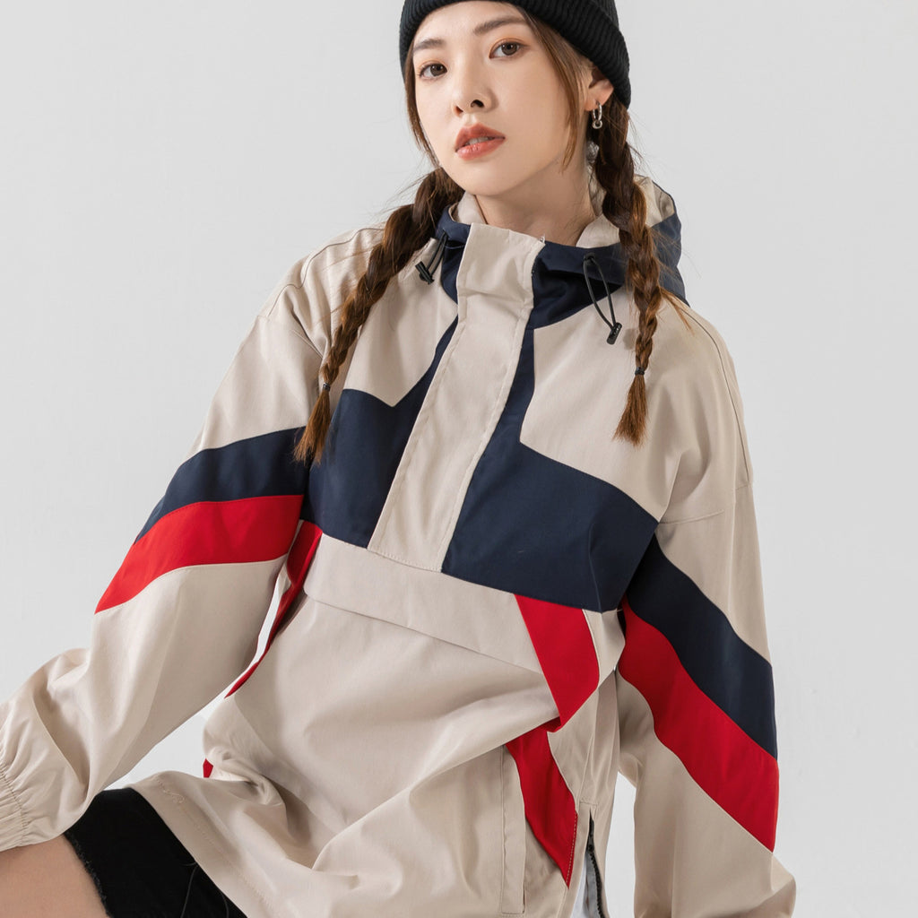 Street trendy women's hooded pullover jacket, spring and autumn medium thickness color matching loose medium and long polyester fiber top M-3XL full size