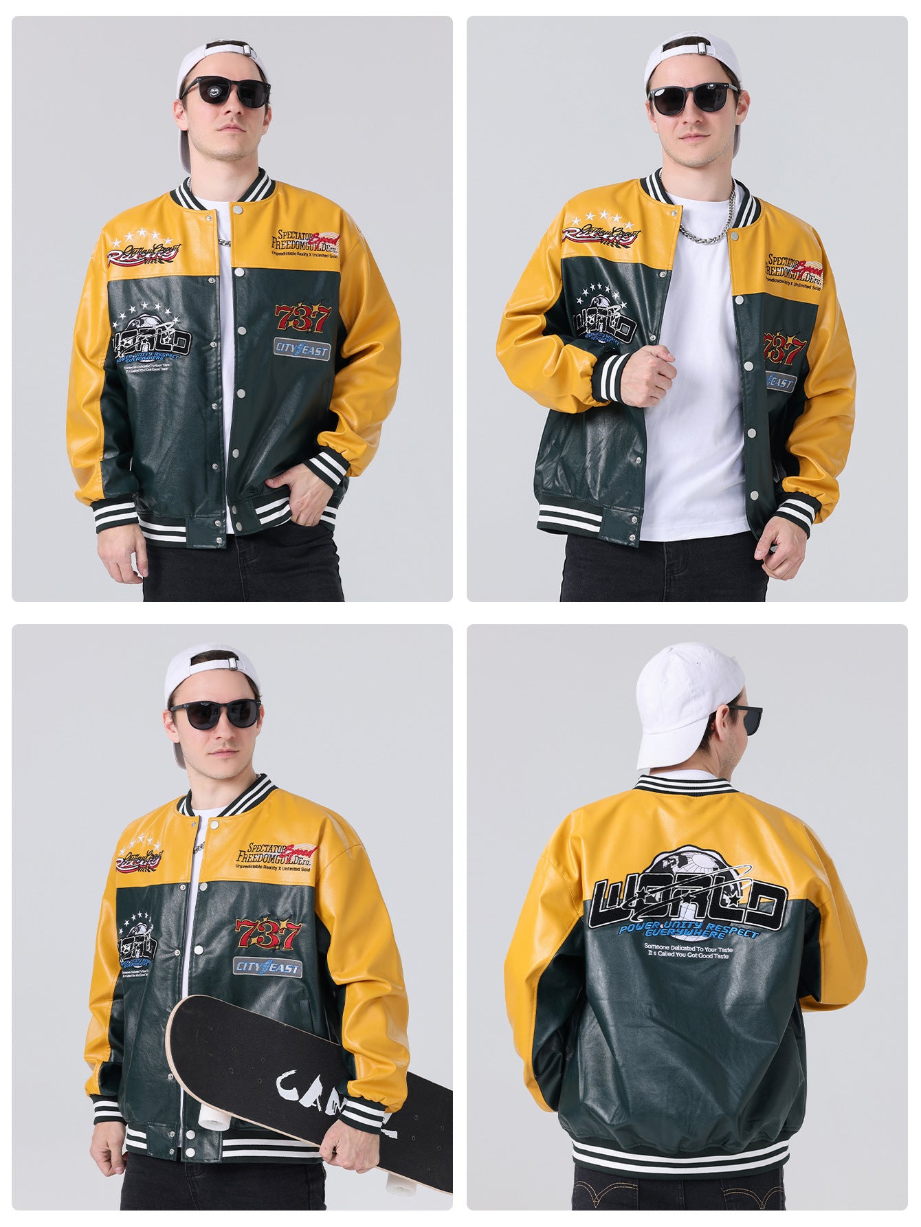 Men's loose PU leather baseball jacket | Cross-border European and American locomotive style faux leather cardigan jacket, motorcycle riding trendy and cool top