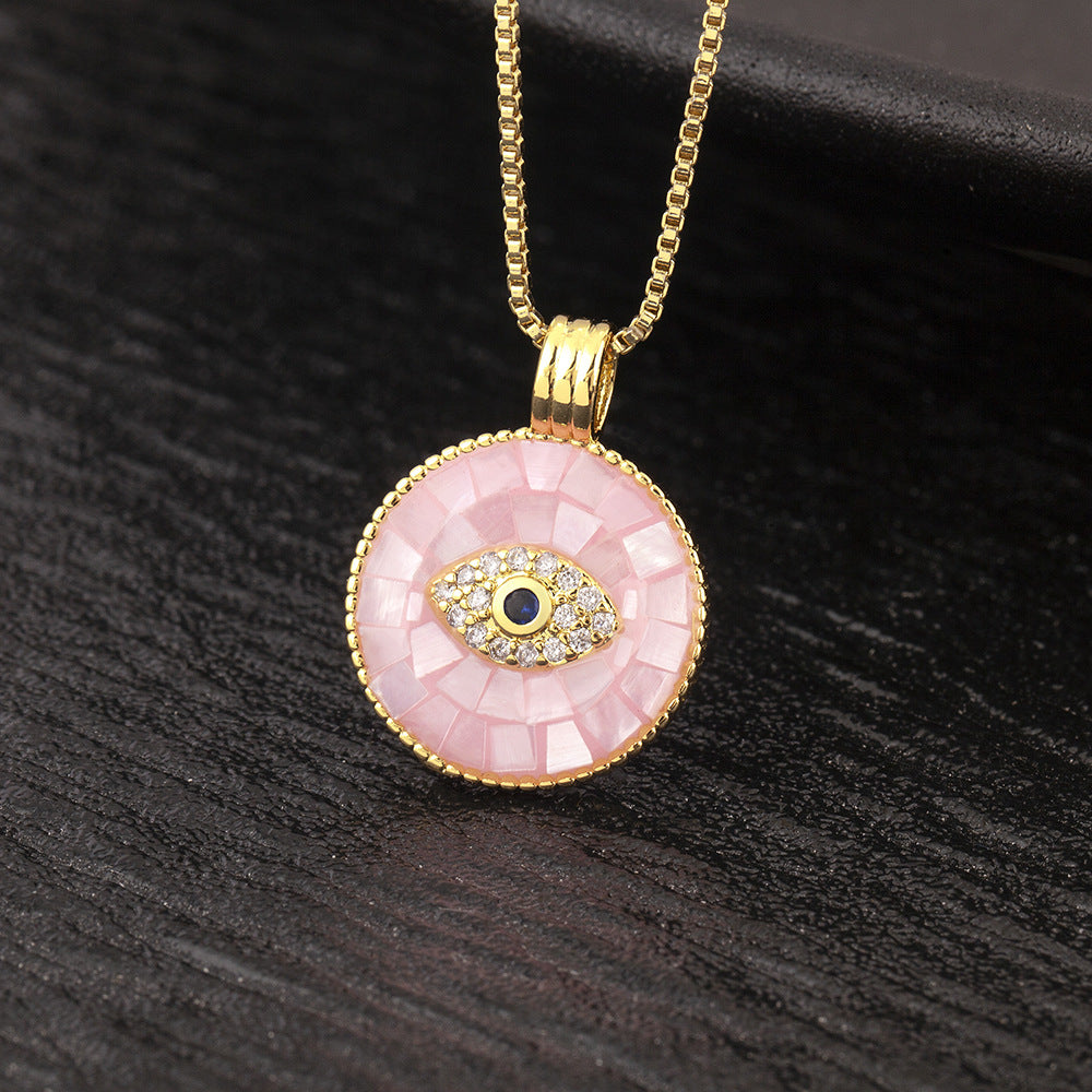Natural Shell Inlay & Enamel Pink "Evil Eye" Necklace with Round Pendant