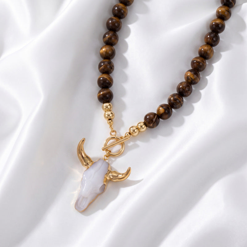 Bohemian Alloy Resin Bullhead Beaded Necklace
