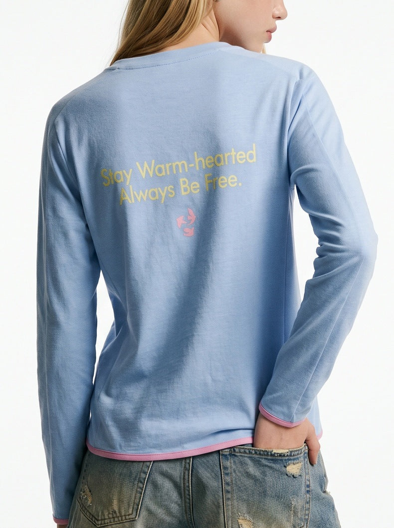 Women's printed T-shirt, contrasting edge strips