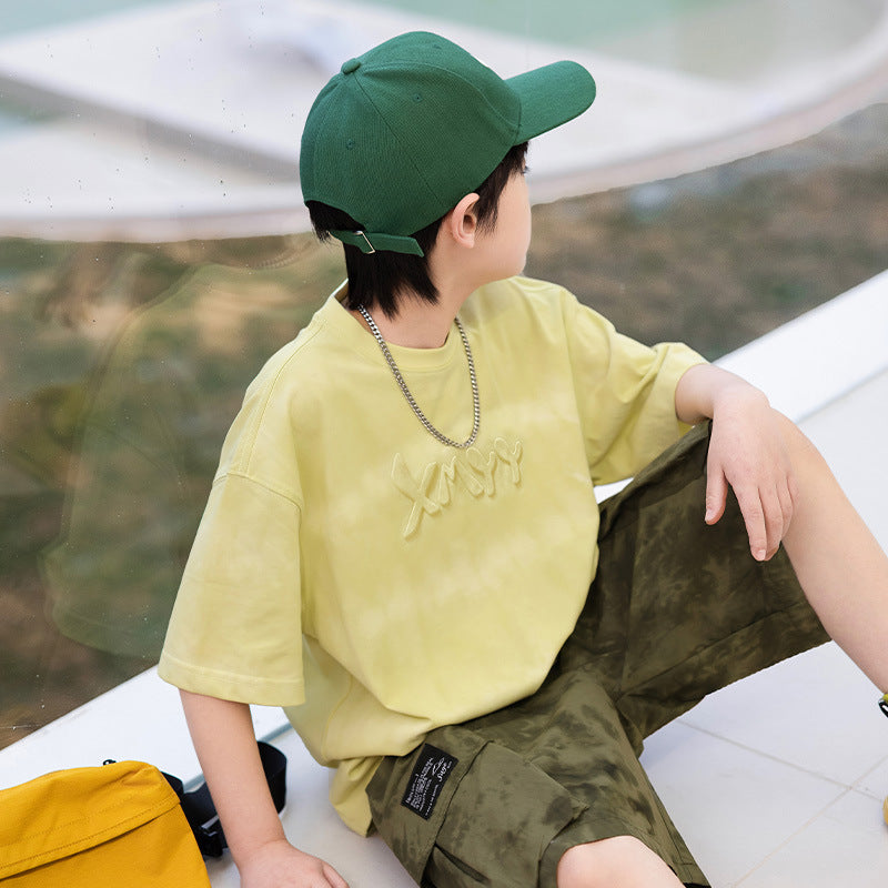 New Embossed Pure Cotton Breathable Short Sleeve T-Shirts for Boys
