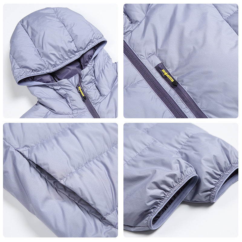 Lightweight contrasting color hooded down jacket