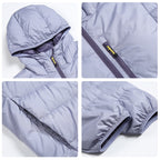 Lightweight contrasting color hooded down jacket