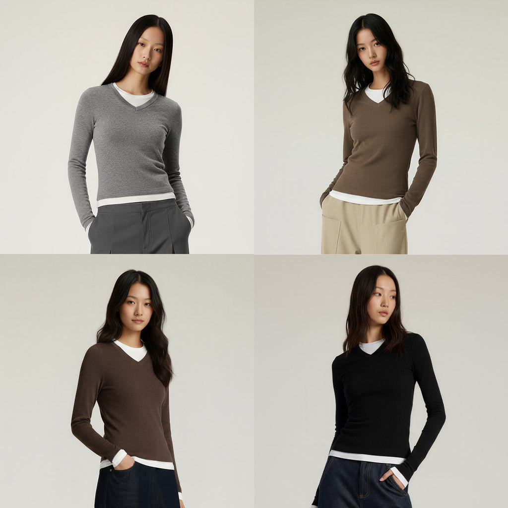 Women's Two-piece look V-neck contrast color top