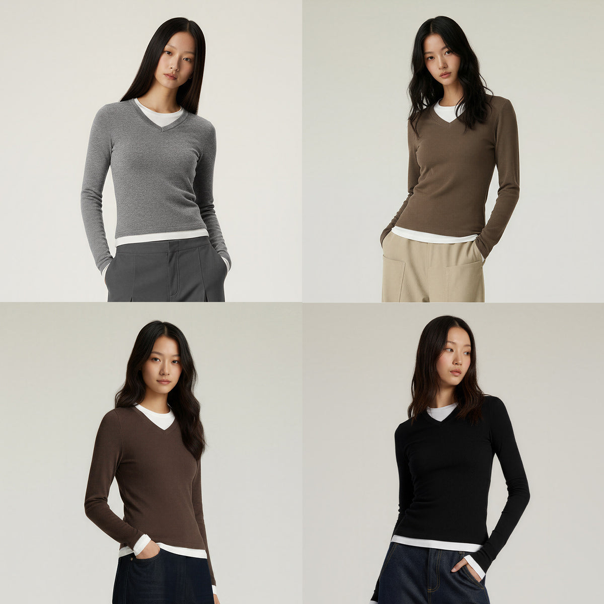 Women's Two-piece look V-neck contrast color top