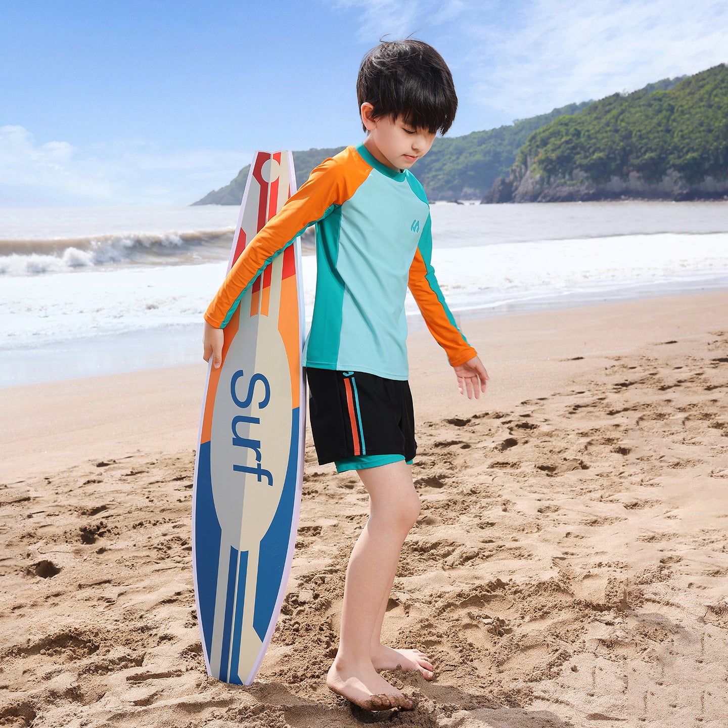 Contrast Color Kids Rash Guard, UPF50+ Antibacterial Swimsuit