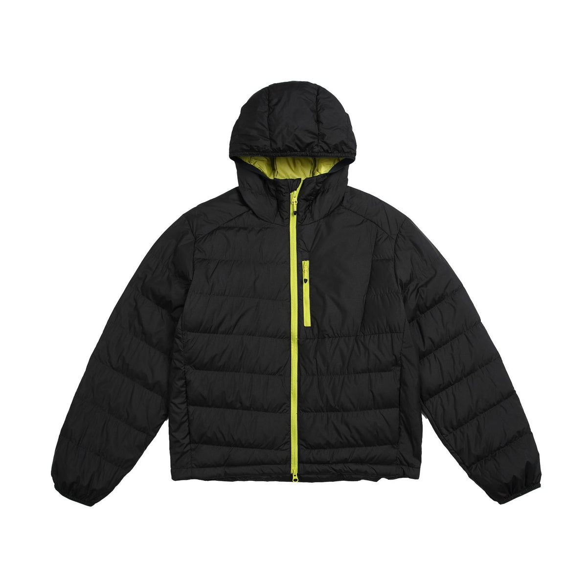 Lightweight contrasting color hooded down jacket