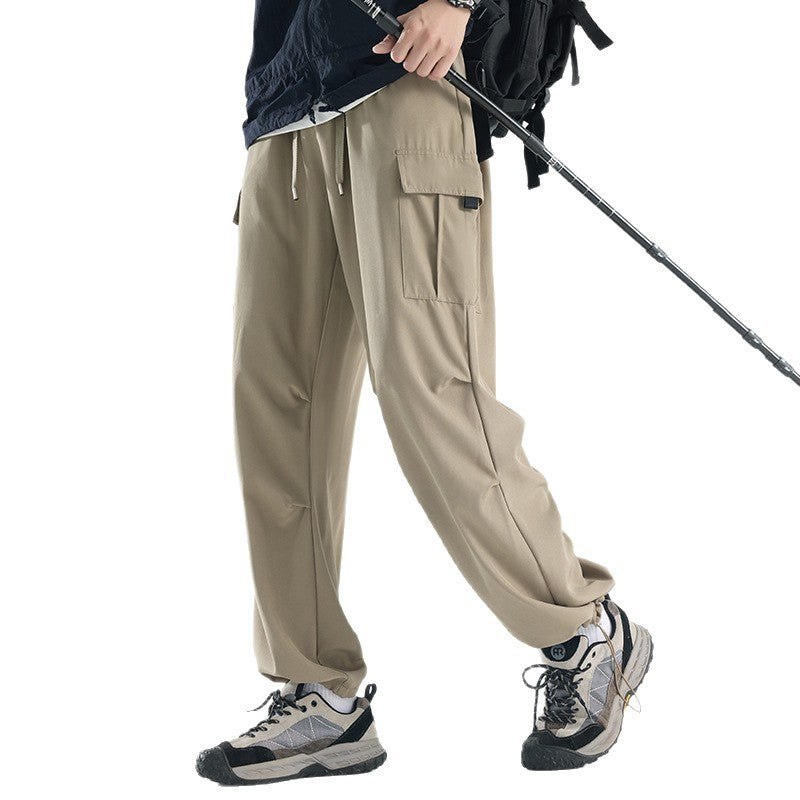 Men's Summer Thin Ice Silk Cargo Pants, Drawstring Cuffed Jogger Work Trousers