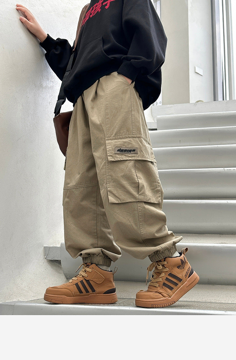 Boys Cotton Cargo Pants Big Pockets Casual Long Trousers for Kids