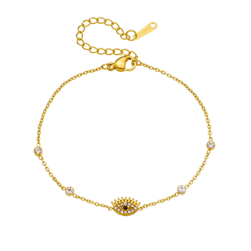 Diamond-encrusted gold-plated stainless steel evil eye bracelet link