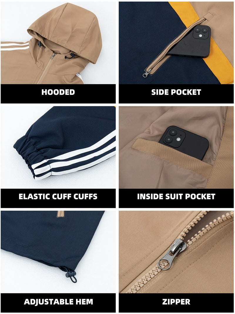 American spliced men's jacket: hooded loose design, can be used as a sports coat/casual jacket, versatile and practical, three bars are flat