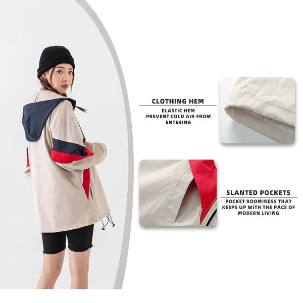 Street trendy women's hooded pullover jacket, spring and autumn medium thickness color matching loose medium and long polyester fiber top M-3XL full size